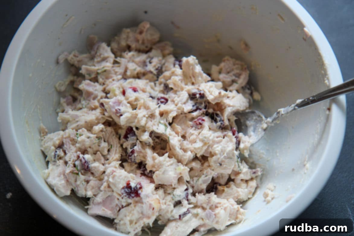 A beautifully presented bowl of creamy cranberry dill chicken salad, garnished with a sprig of fresh dill, with a serving spoon resting inside, highlighting its readiness to be enjoyed.