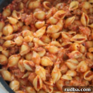Hearty Beef and Shells 4 beef and shells in a large black skillet