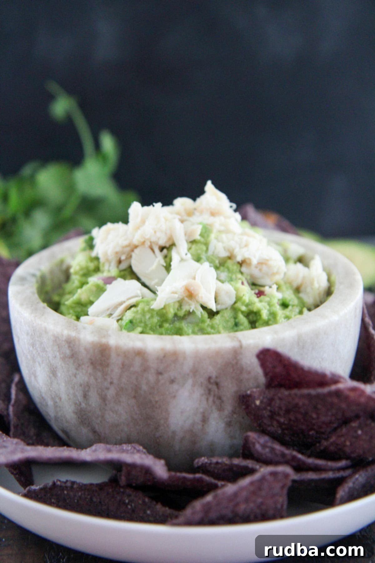 A small gray bowl filled with creamy crab guacamole, garnished with a sprig of fresh cilantro, alongside a scattering of vibrant purple and yellow tortilla chips.