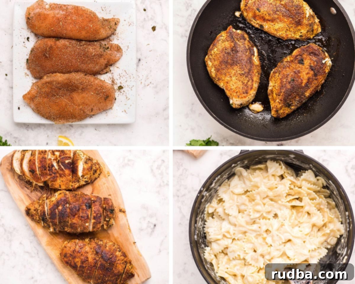 collage with four photos showing the steps on how to season and cook chicken, and pasta with sauce in a skillet, illustrating the easy cooking process.