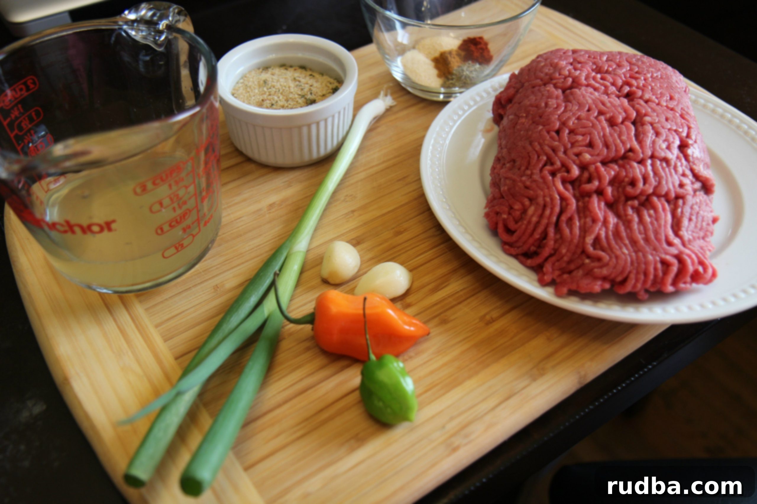 The ground beef and the veggies used to flavor the filling are pictured here. Gather them all up!
