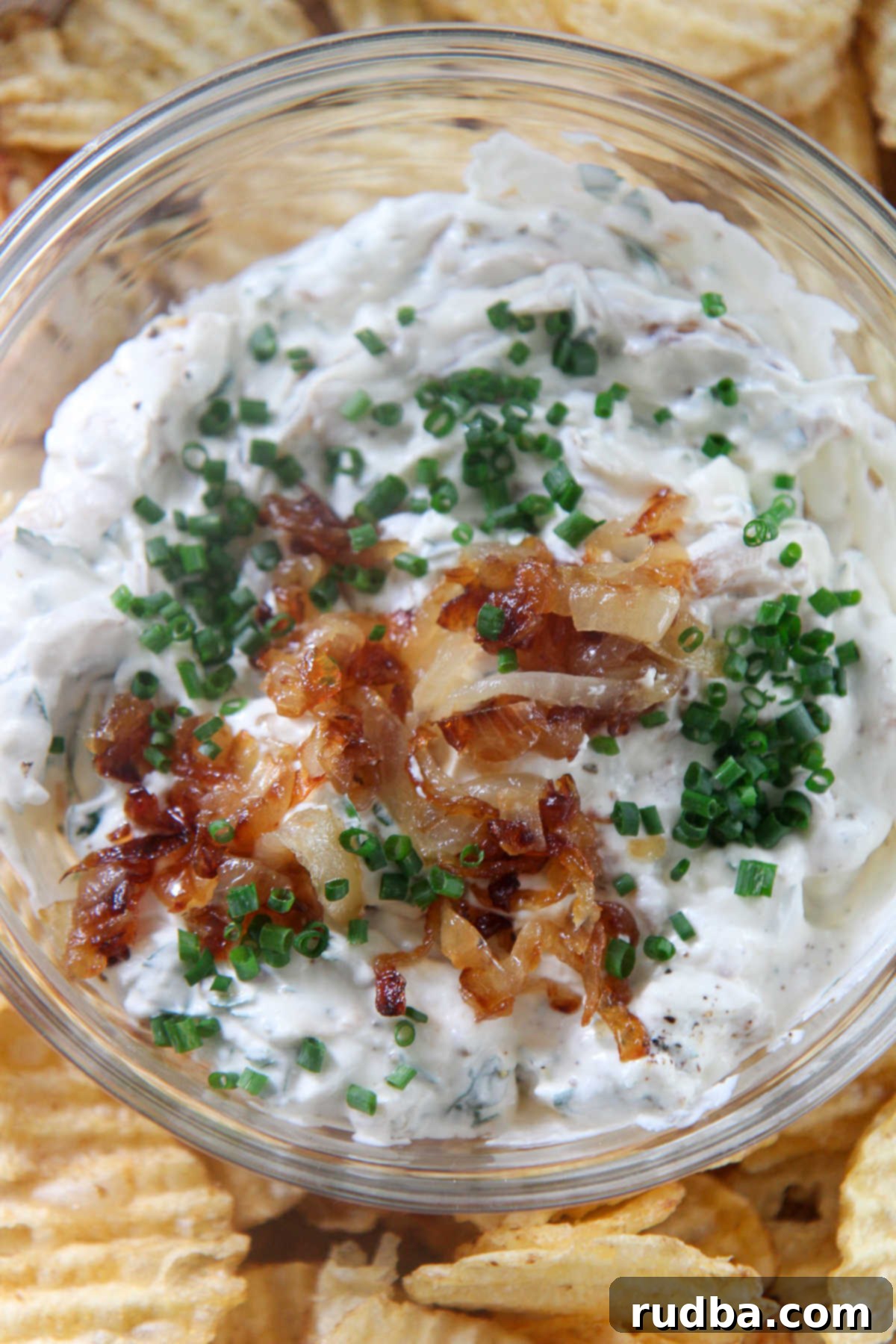 French onion dip with potato chips on the side