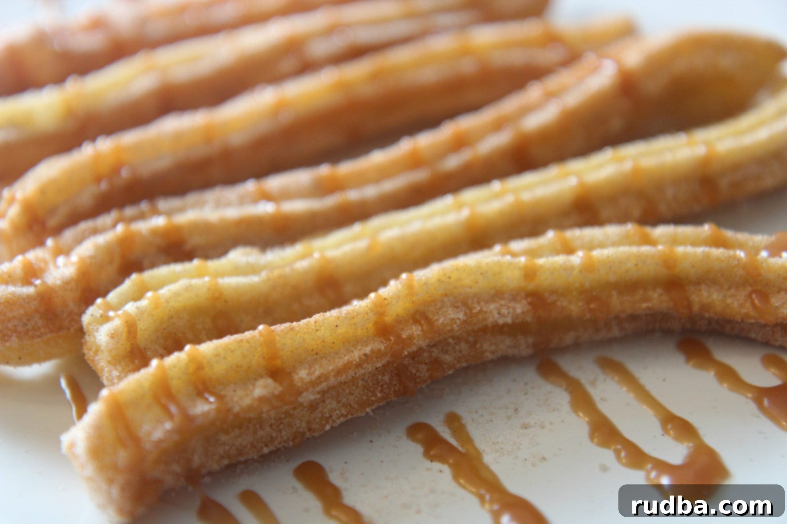fried dough with cinnamon sugar and caramel on a white plate 