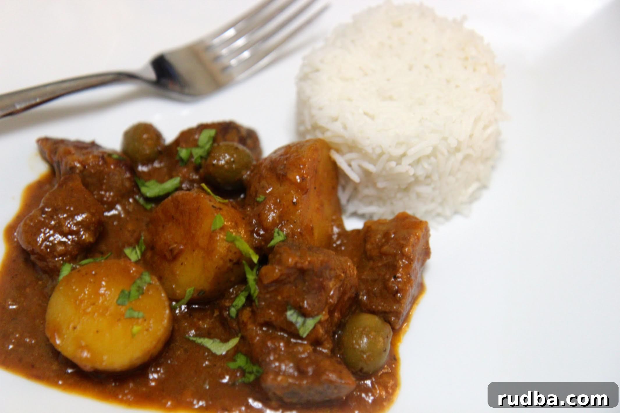 carne con papa with white rice and a fork on a white plate
