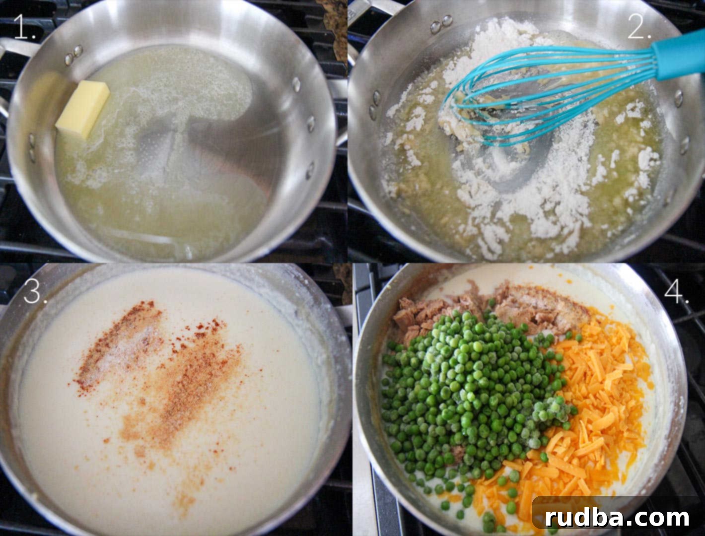 Four step-by-step cooking tutorial photos in a collage showing the process of making tuna noodle casserole