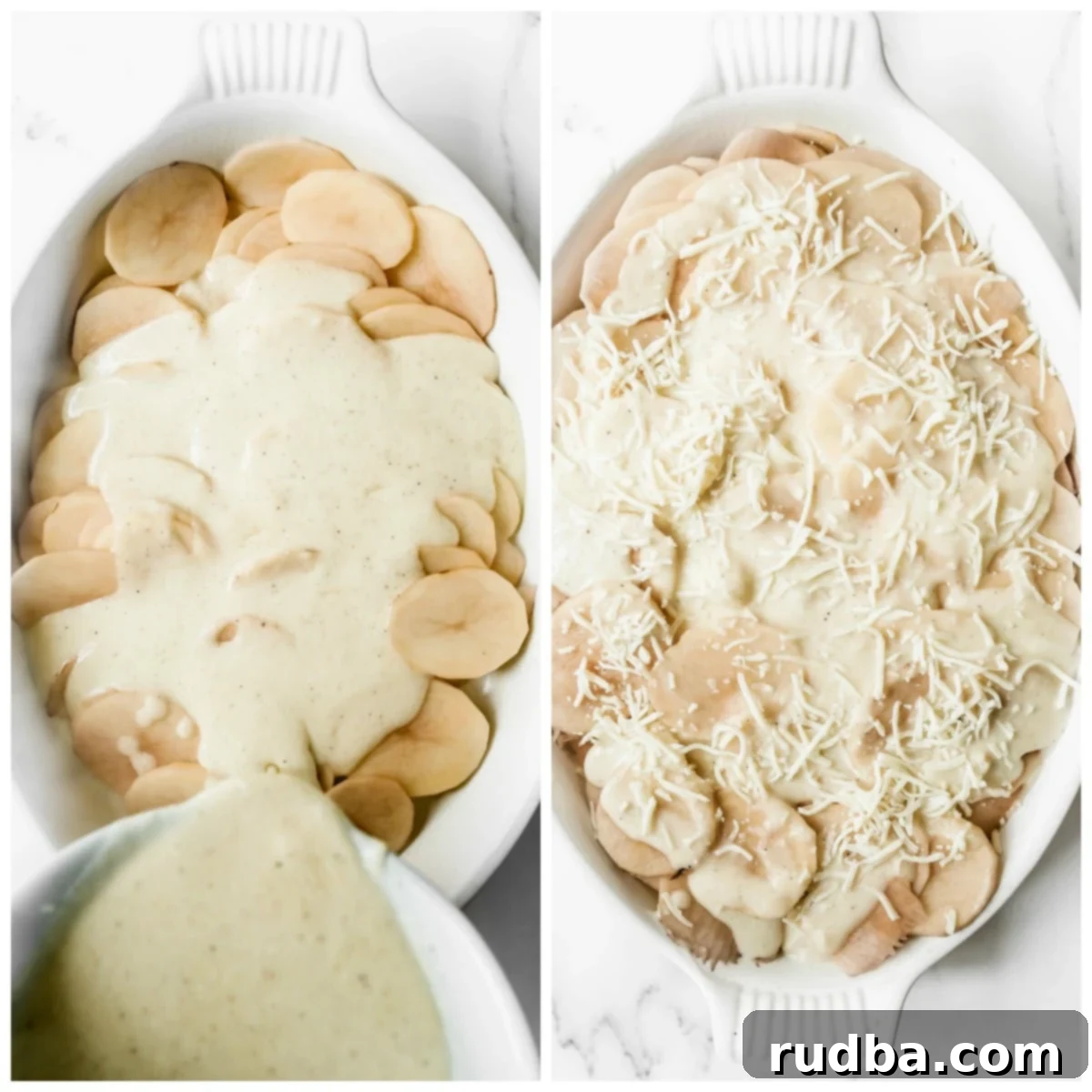 Creamy Cheesy Scalloped Potatoes 3 photo collage with two photos. One photo showing sliced potatoes in a casserole dish with sauce on top. Another photo showing sliced potatoes with sauce and cheese.