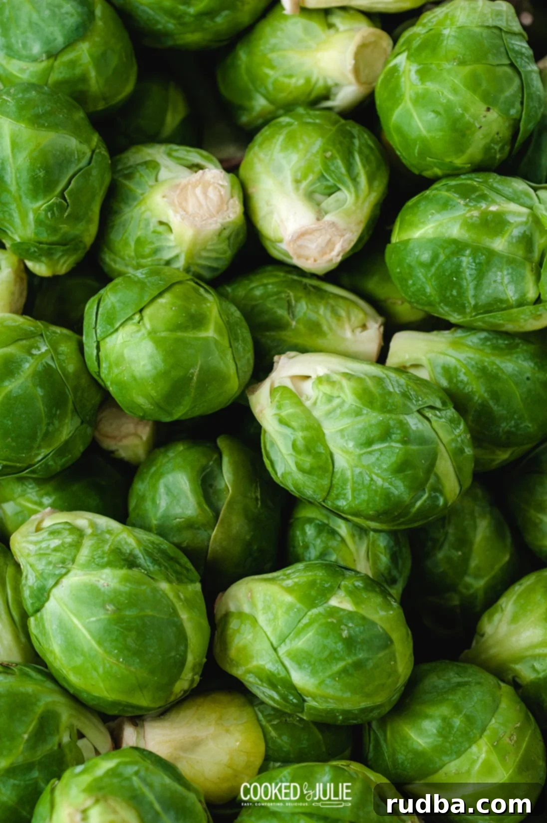 A close-up view of fresh, raw Brussels sprouts in a large bowl, ready for preparation