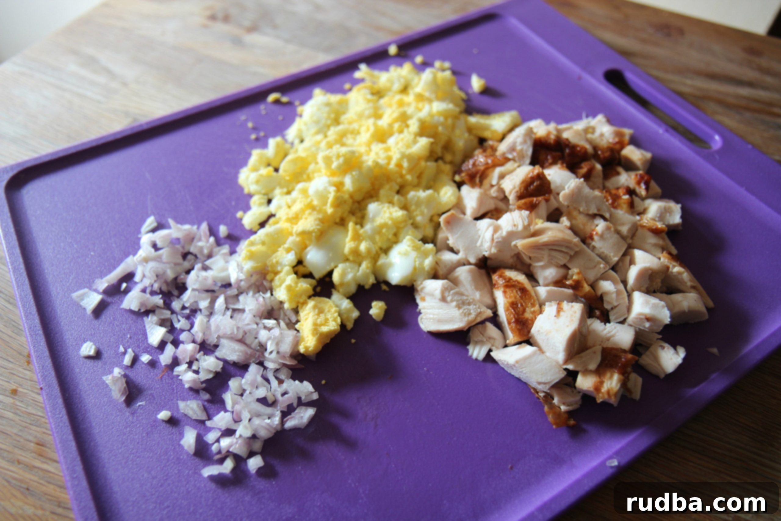 Creamy Macaroni Chicken Salad 3 Onions, Eggs, and Chicken for the salad