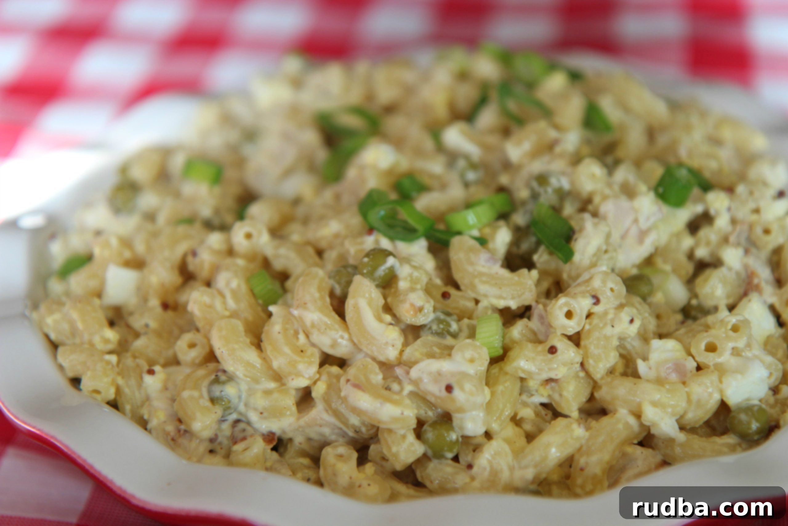 Creamy Macaroni Chicken Salad 5 Close up to see the details of the grain mustard in the sauce.