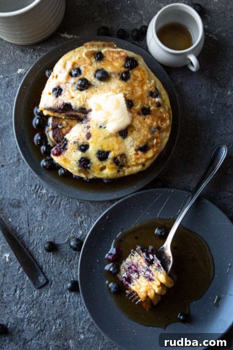a short stack of blueberry pancakes and a small plate with a fork and four pancake slices. 