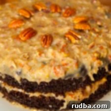 Delicious slice of German Chocolate Cake with coconut pecan frosting