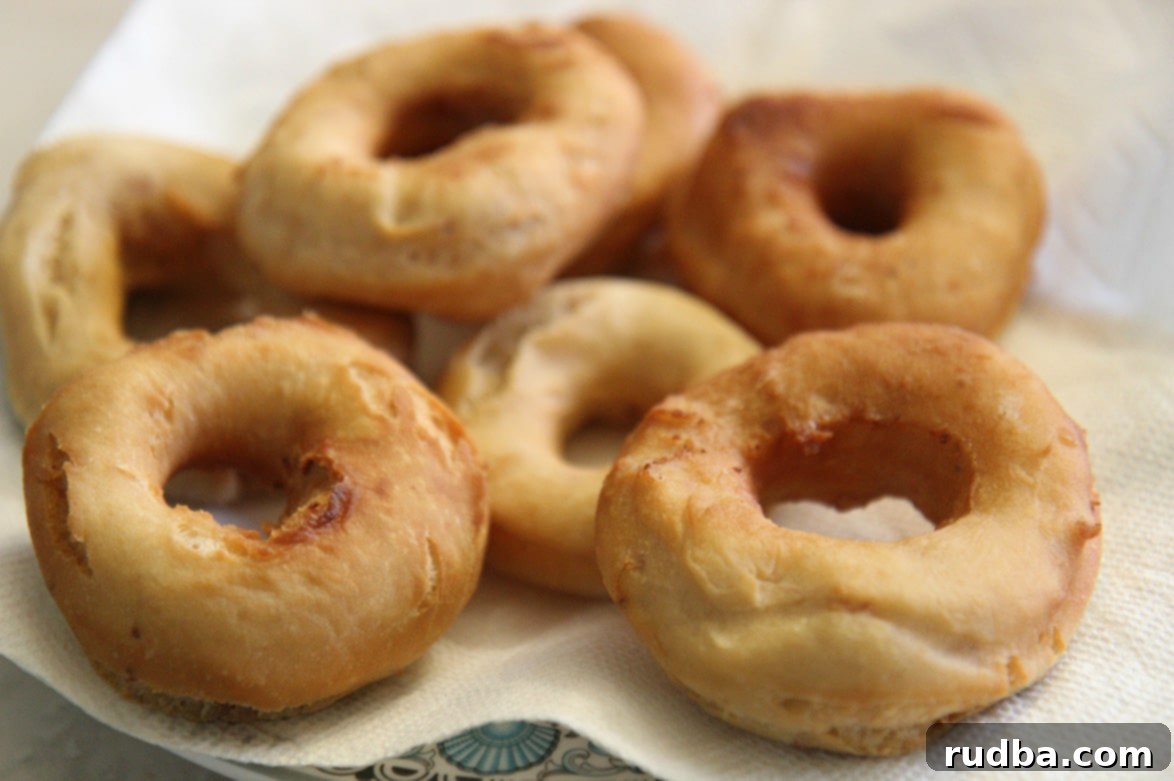 Freshly fried donuts cooling on a plate lined with paper towel to absorb excess oil.