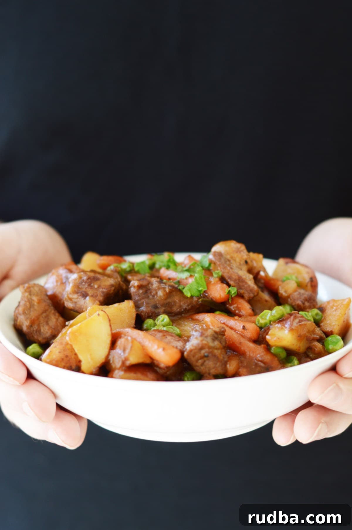 Two hands holding a white bowl filled with a generous serving of beef stew, featuring tender meat, potatoes, and carrots.