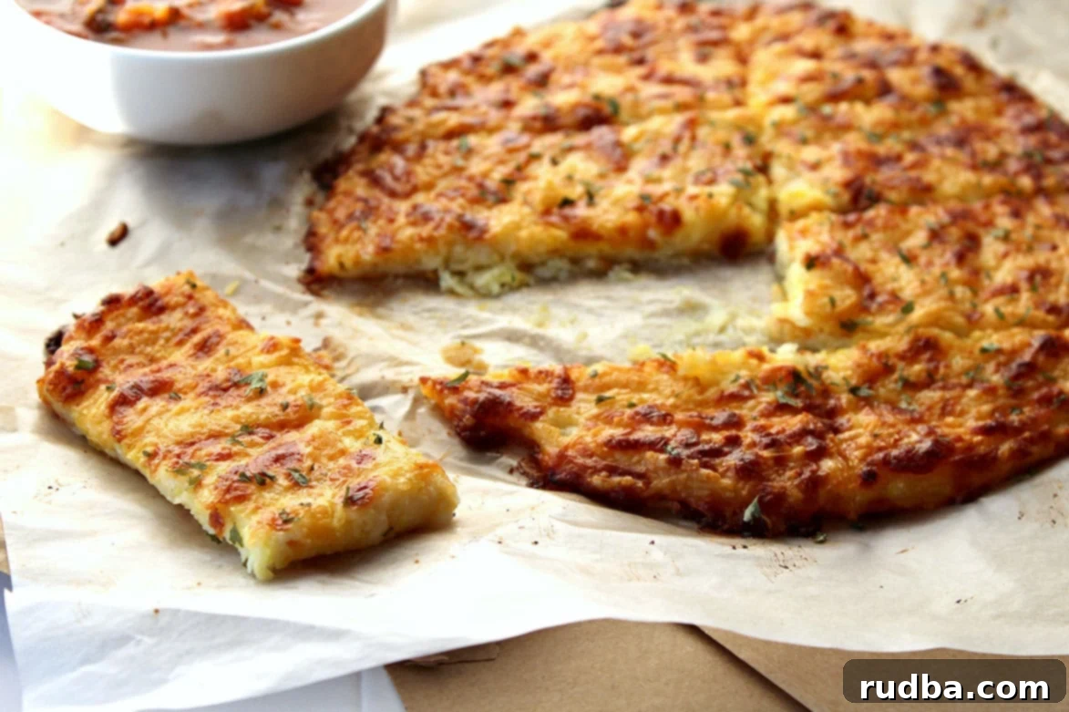 Baked cheesy keto breadsticks on a baking sheet, garnished with fresh herbs and served with a side of tomato sauce.