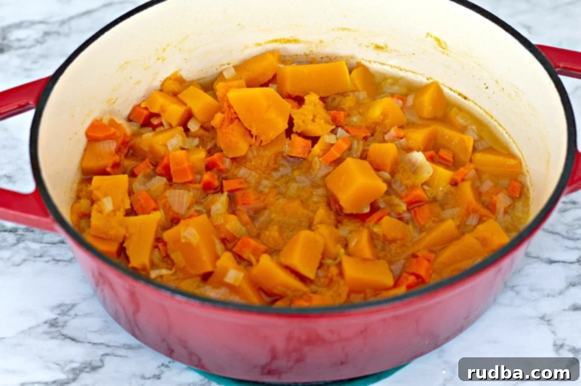 Creamy Roasted Butternut Squash Soup 3 A vibrant mix of roasted vegetables and chicken stock simmering in a rustic red Dutch oven
