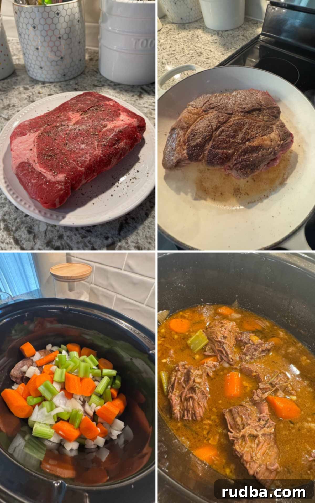 A close-up, mouth-watering view of the slow cooker pot roast, showcasing the rich, glistening gravy, tender, shredded beef, and perfectly cooked large chunks of vegetables, ready to be served.
