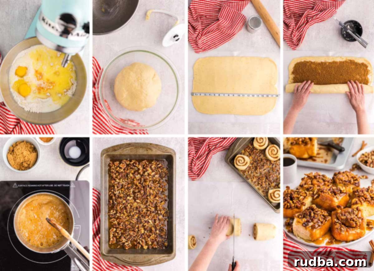 An 8-photo collage illustrating the step-by-step process of making homemade sticky buns from scratch, from dough preparation to assembly and final baking.