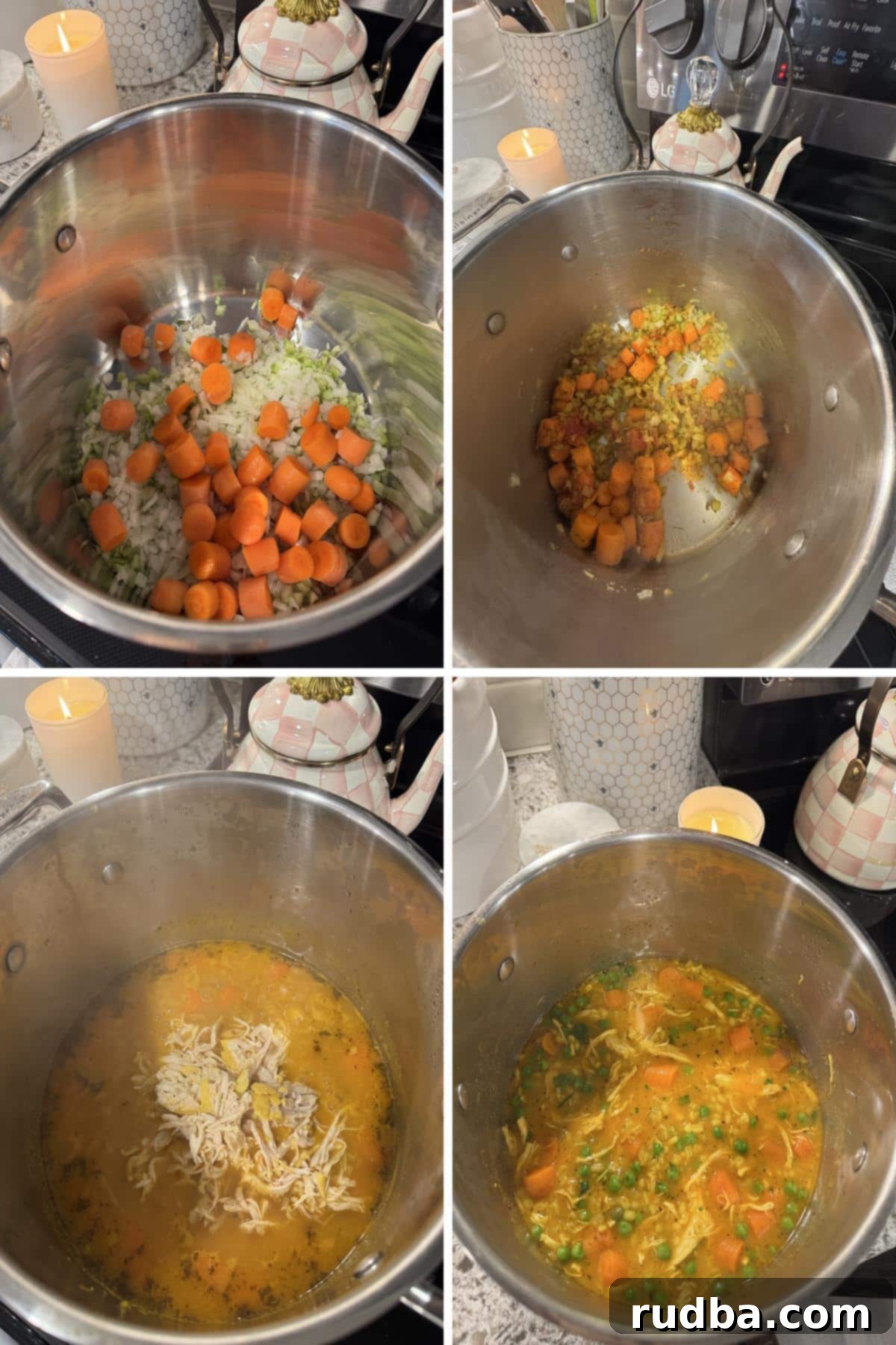 A four-photo collage demonstrating the steps for making chicken barley soup, including sautéing the vegetables, adding the broth and barley, cooking the chicken, and shredding the chicken.